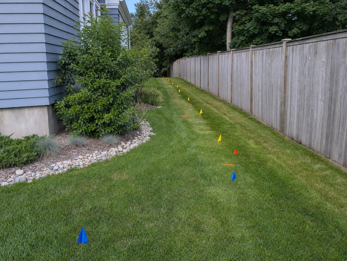 A property line with marked utilities and a clear path for safe fence installation