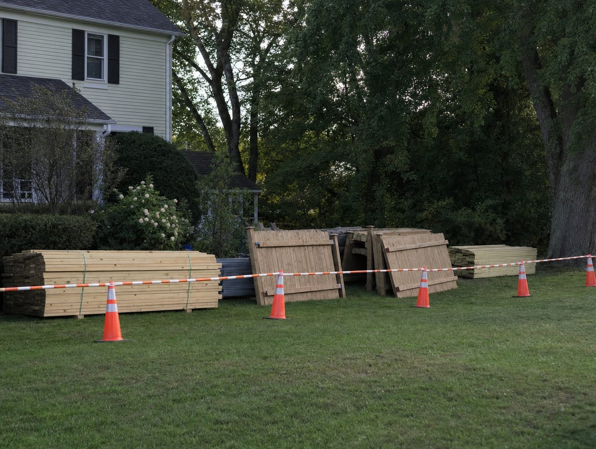 A fence installation job site set up safely with materials neatly staged