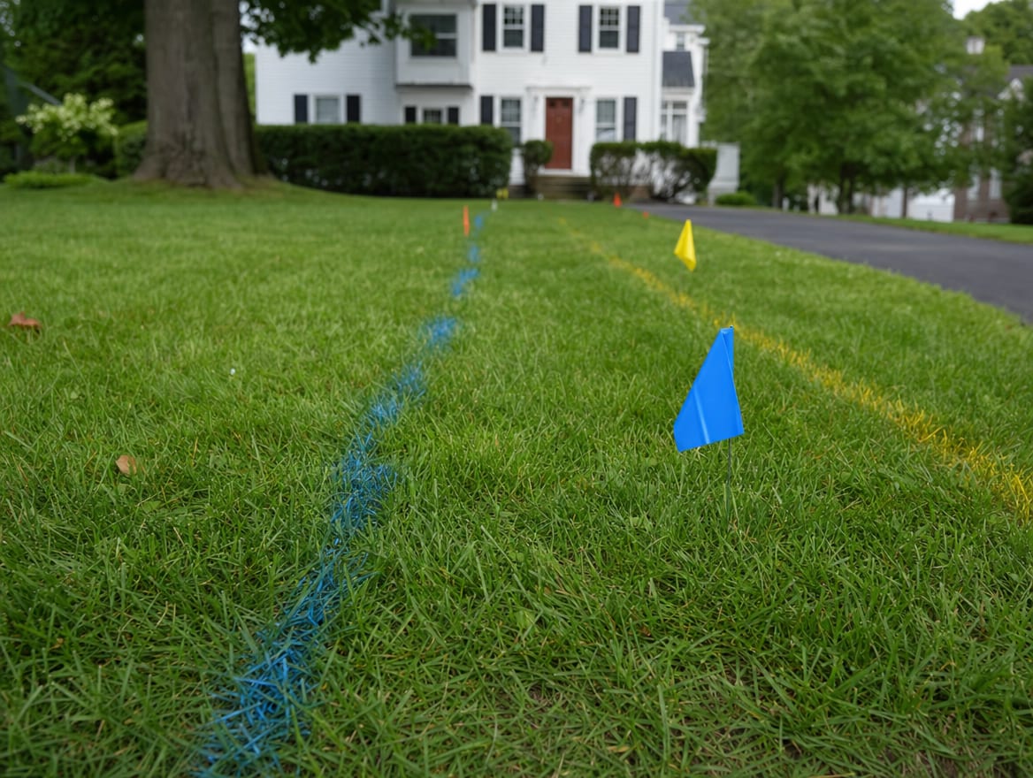 Utility lines marked with colored paint and small flags on a lawn before digging