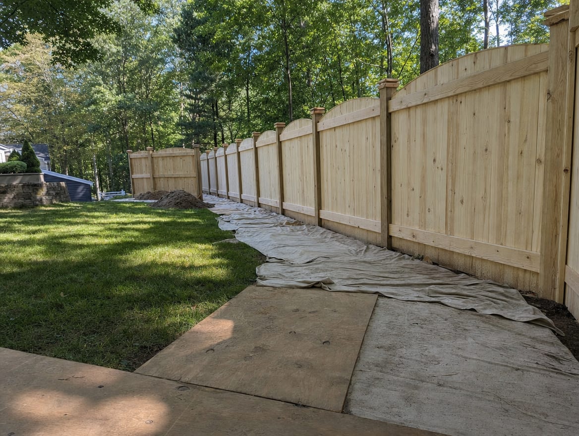 A careful fence installation with boards and tarps protecting the lawn and soil