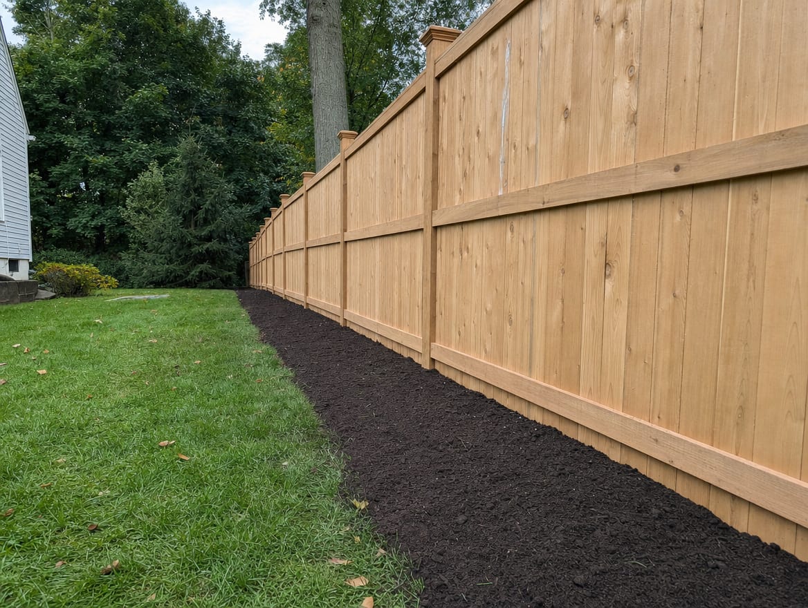 A backyard restored and clean after fence installation, fresh soil raked smooth along the line