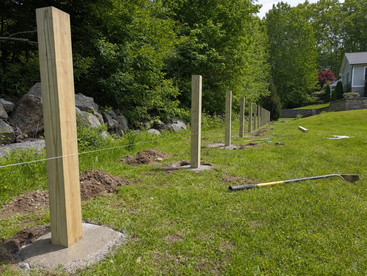 Fresh fence posts set in concrete for a new installation