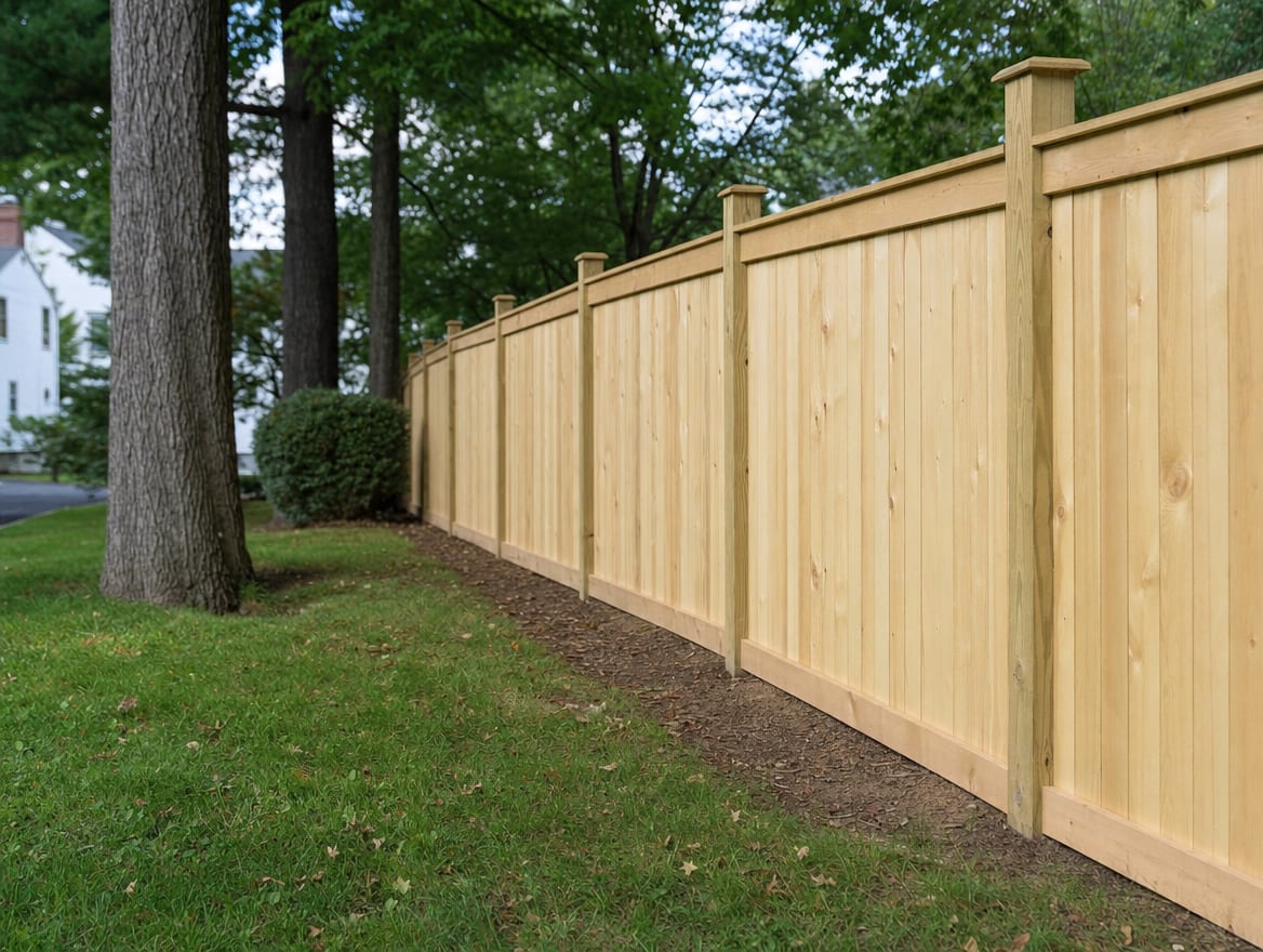 A new wood fence installed along a property line at a Ridgefield home