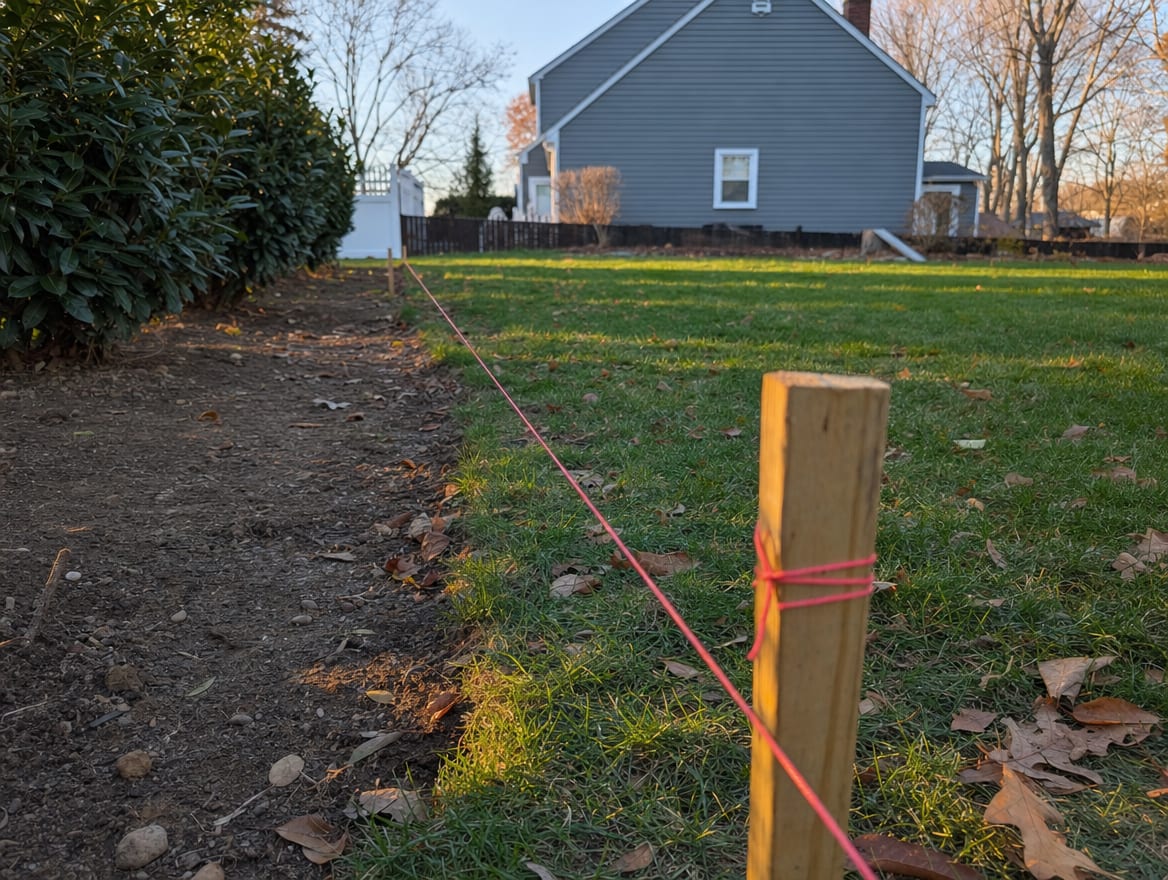 A property line measured and staked with a string line before building the fence