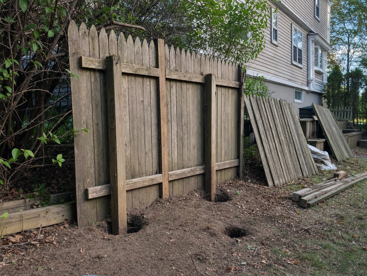 An aging wood fence partly removed, with old posts pulled before the replacement goes in