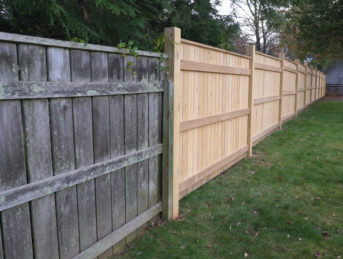 An old weathered fence beside a newly built replacement fence