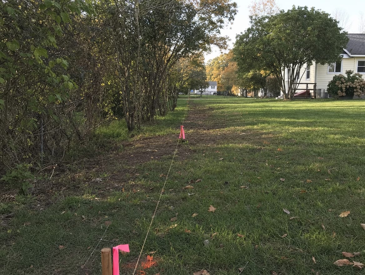 A property line cleared of the old fence and prepared for the replacement