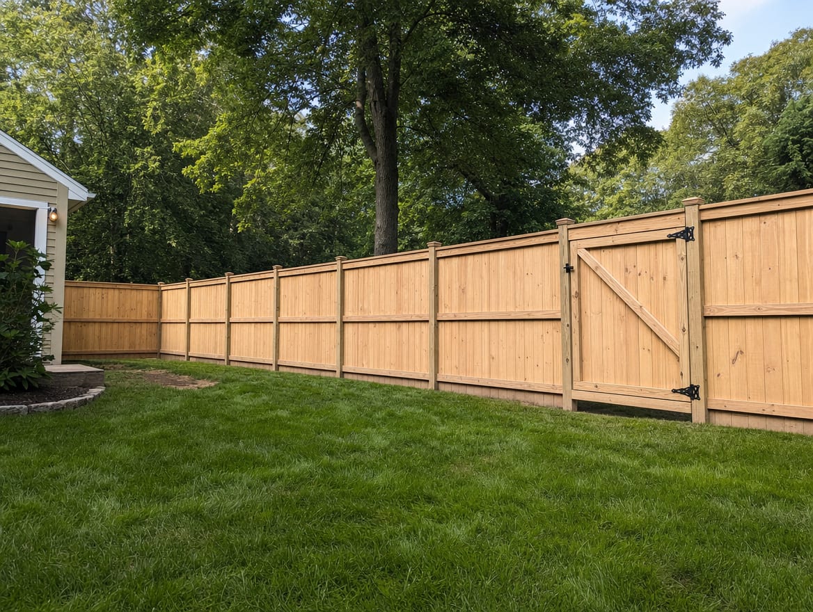 A finished residential wood fence enclosing a Connecticut backyard