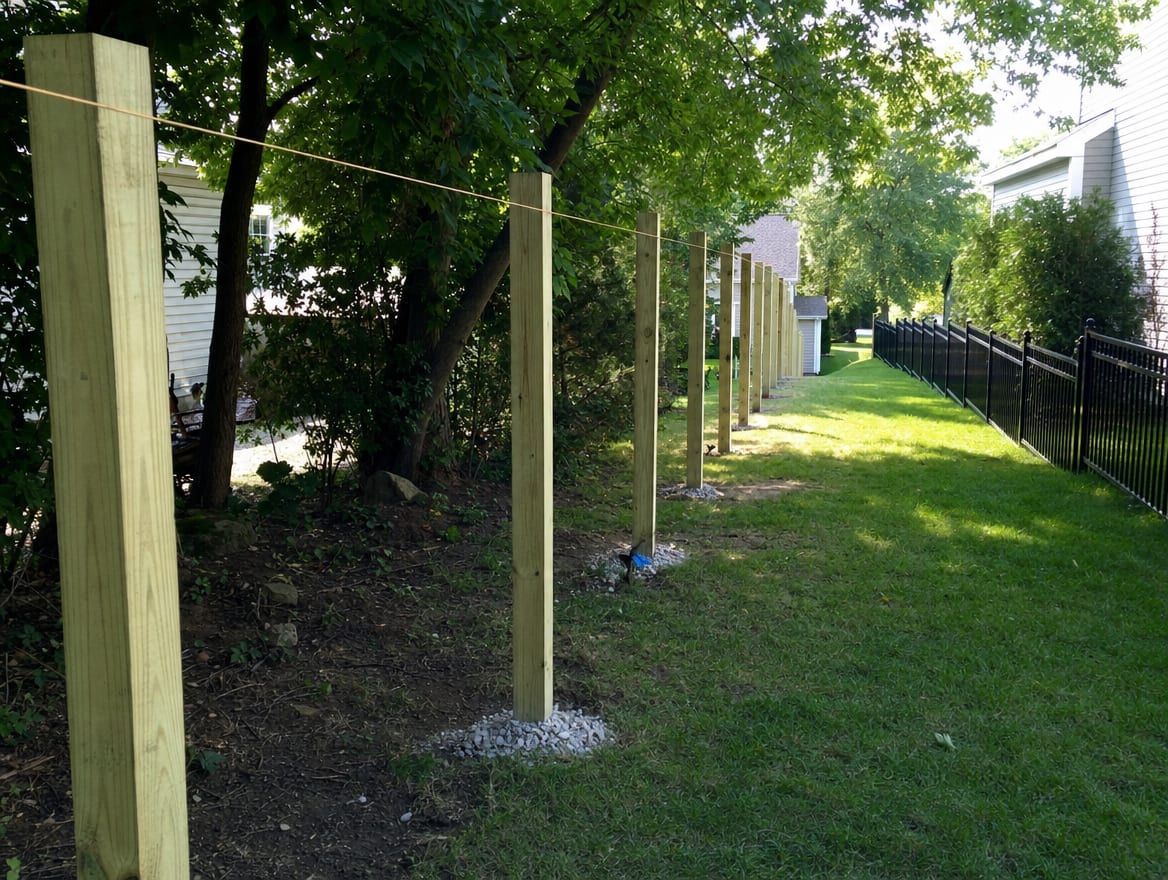 Residential fence posts set level in a straight row along the property line