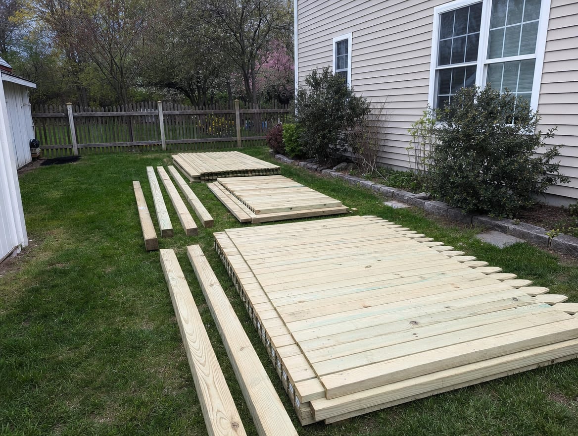 A backyard staged and ready for the installation crew with materials laid out