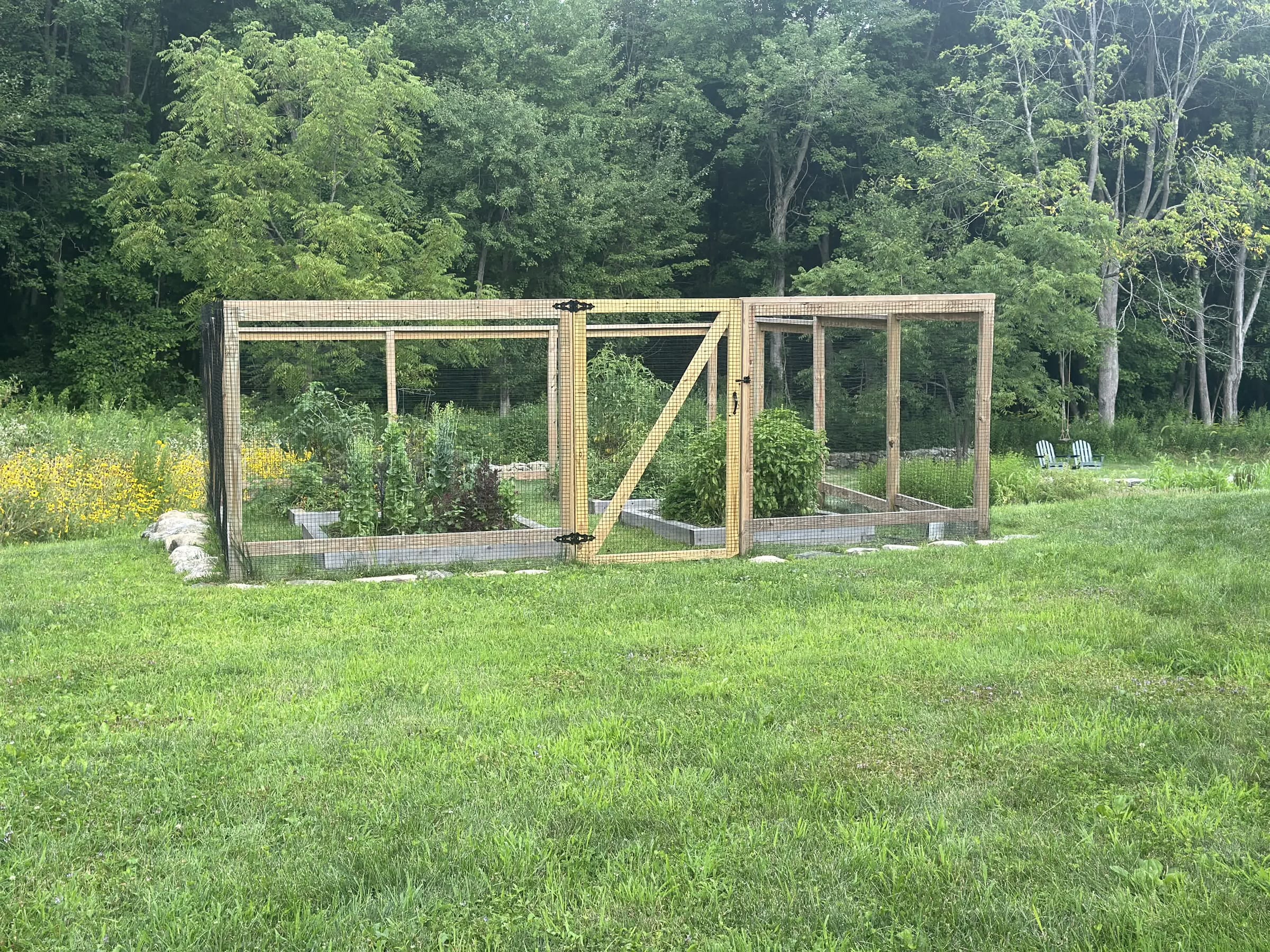Cedar-framed garden enclosure with welded wire and a diagonal-braced gate, wildflowers alongside a mowed lawn.