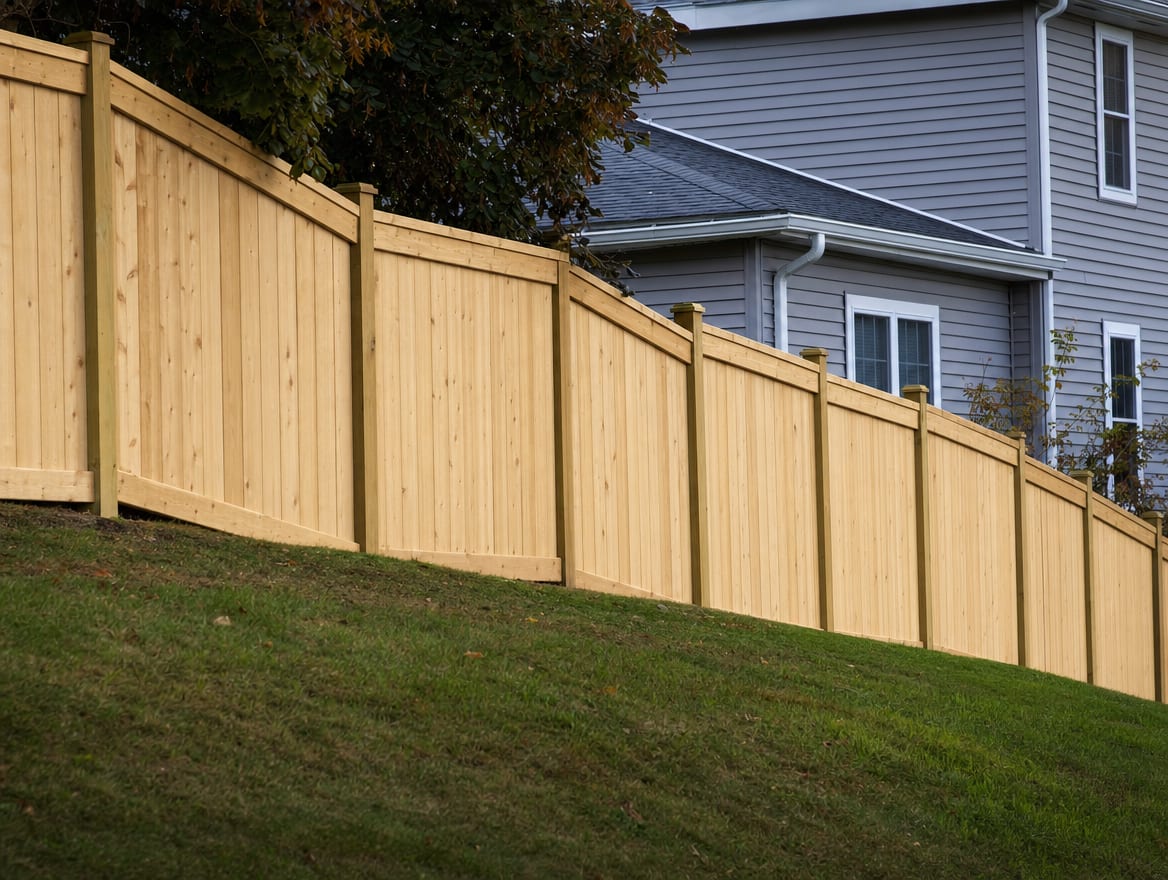 A fence stepping down a gentle slope beside a Connecticut home, fitted to the terrain