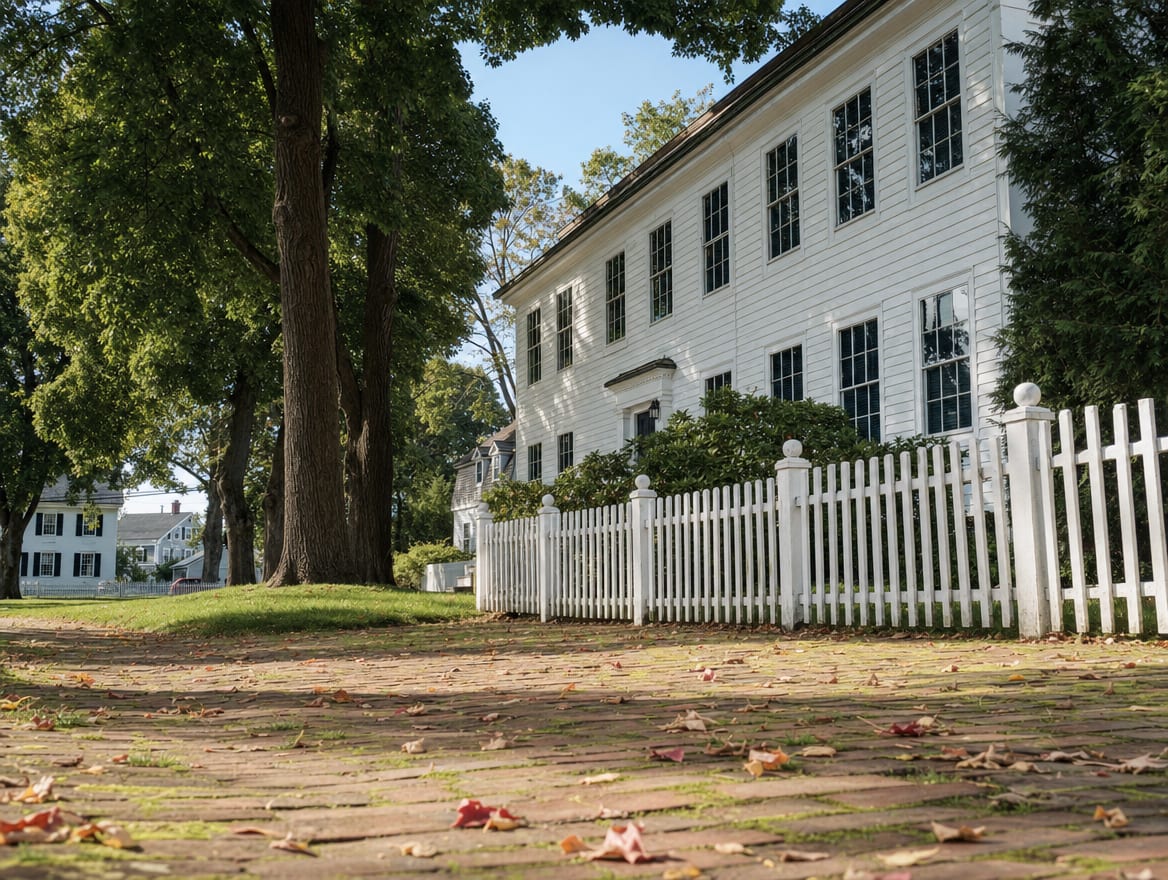 A New England town green bordered by a low white picket fence and a clapboard building