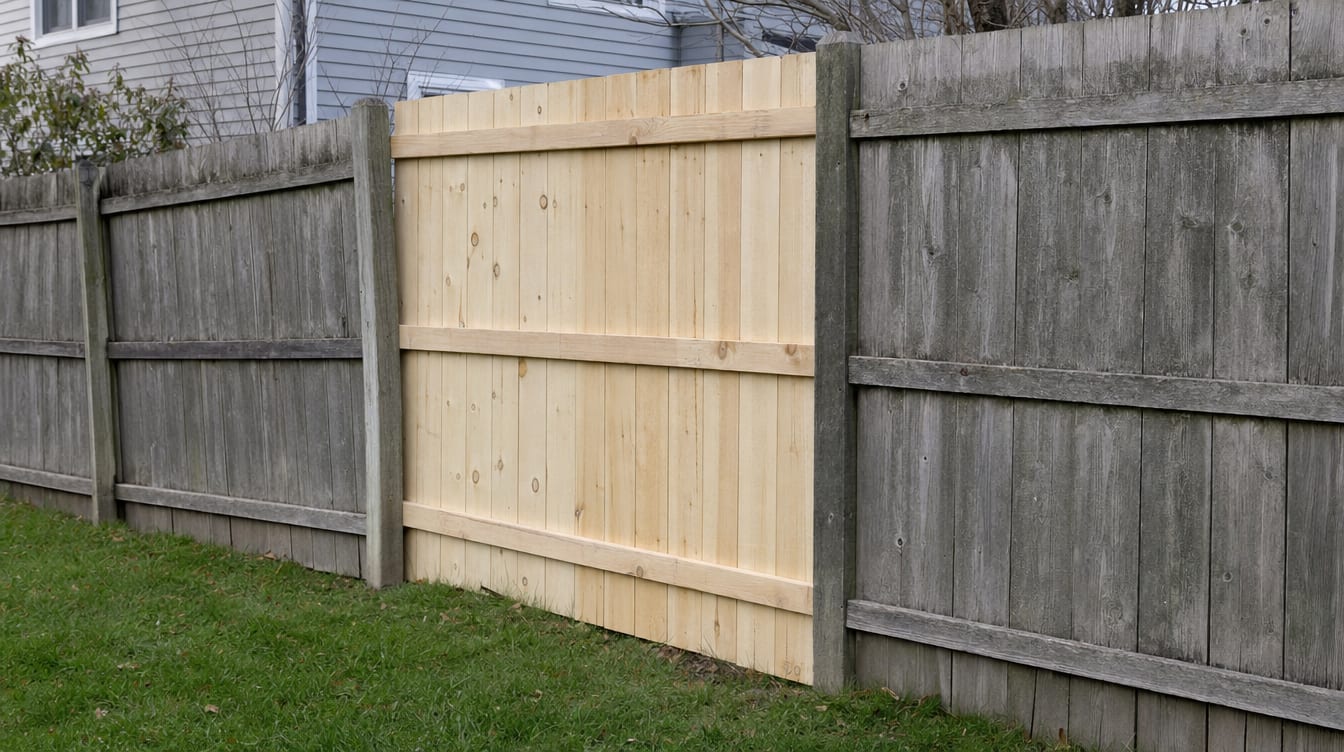 A freshly repaired section of wood privacy fence next to older weathered panels