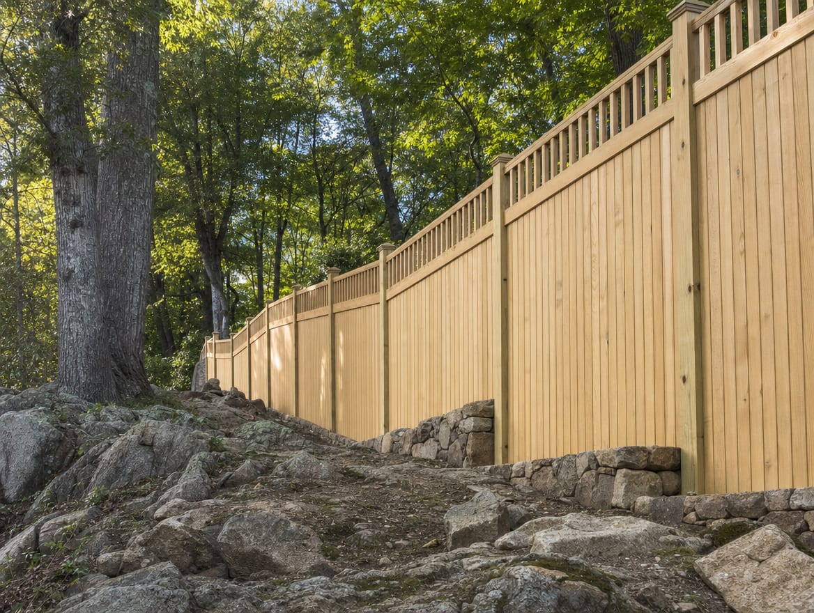 A fence following rocky uneven Connecticut terrain past a stone outcrop and trees