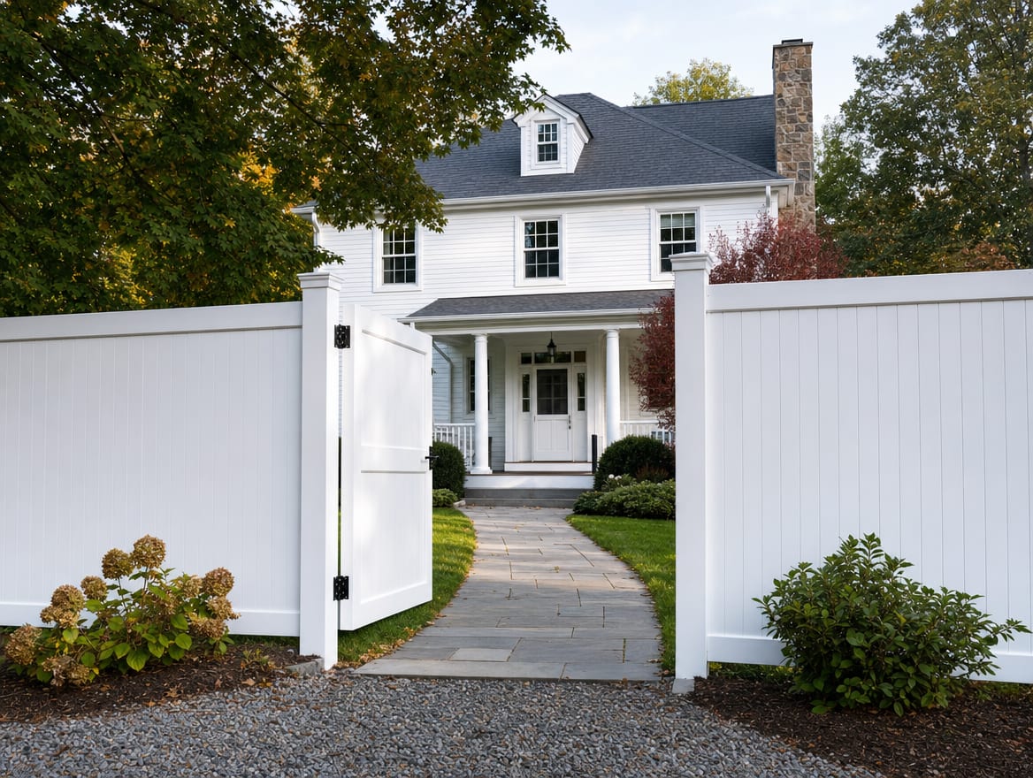 An open gate in a new residential fence leading up a walkway to a home