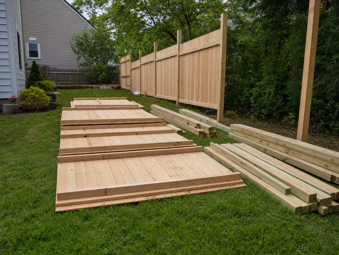 Fresh fence posts and panels laid out at a residential job site ready for installation