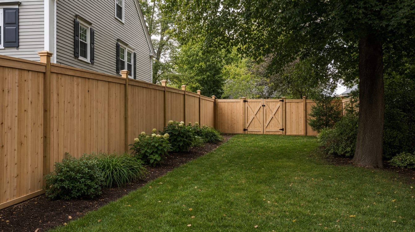 A wood privacy fence with a matching gate enclosing a Connecticut backyard