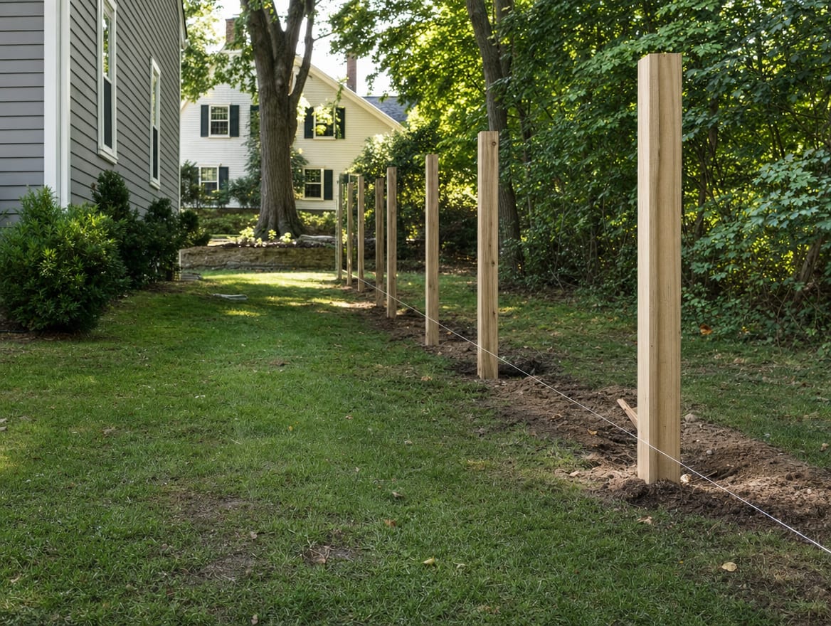 Freshly set fence posts standing straight and level in a row at a tidy job site