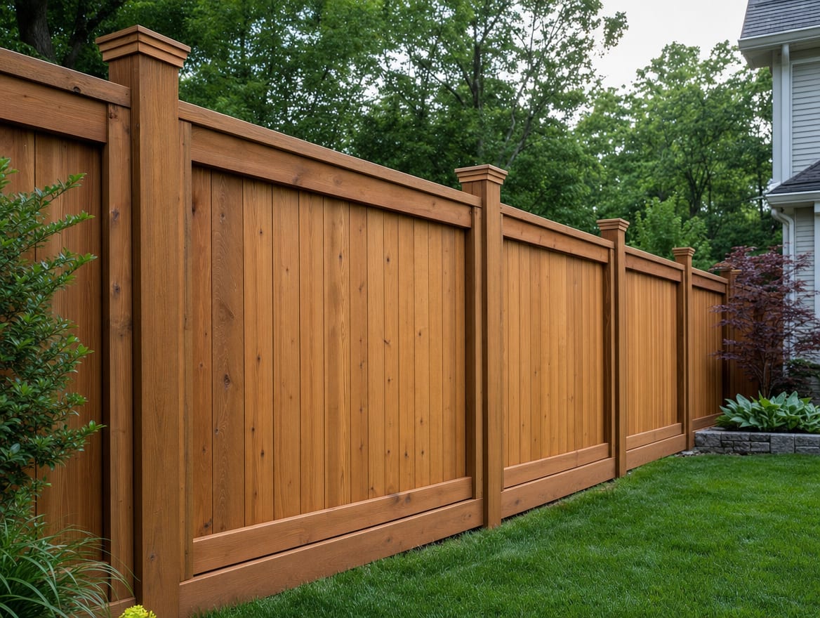 A finished wood privacy fence with even board spacing along a manicured backyard