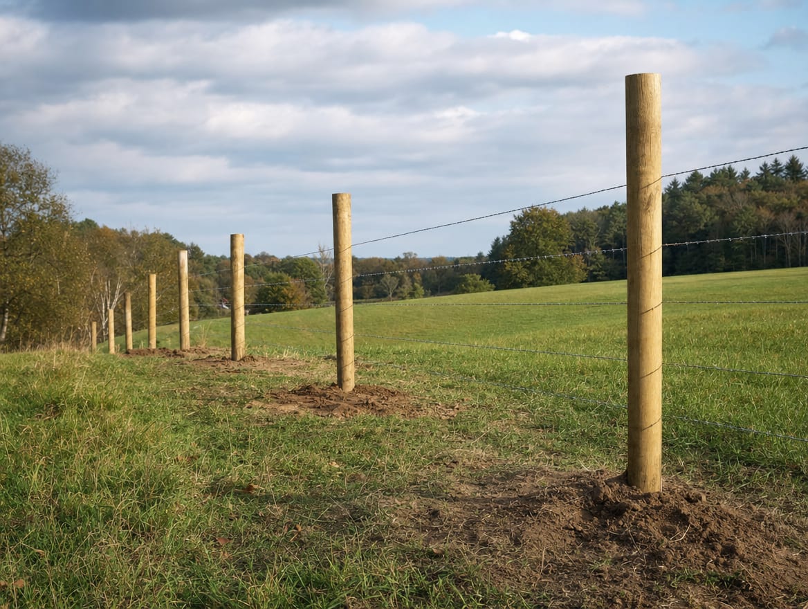 A farm fence installation in progress with newly set wood posts along a pasture
