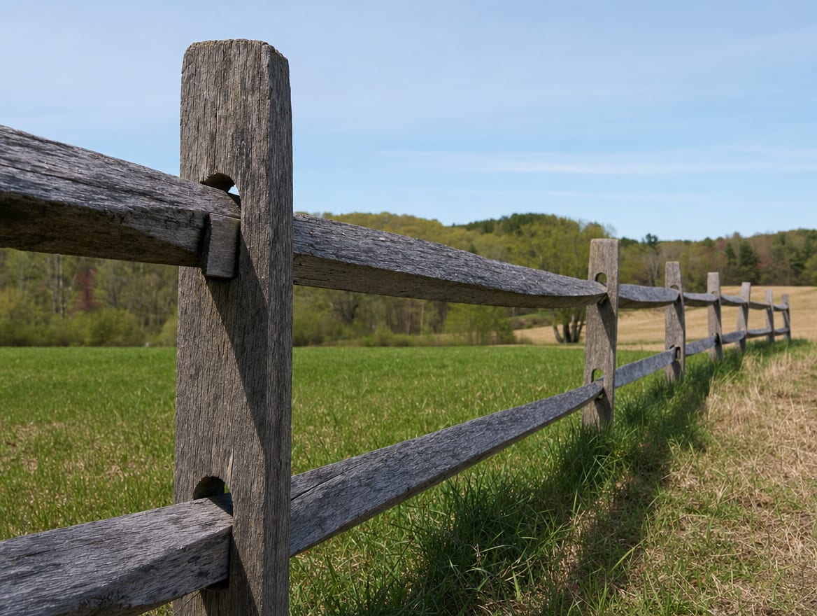A wood post and rail fence along a farm field