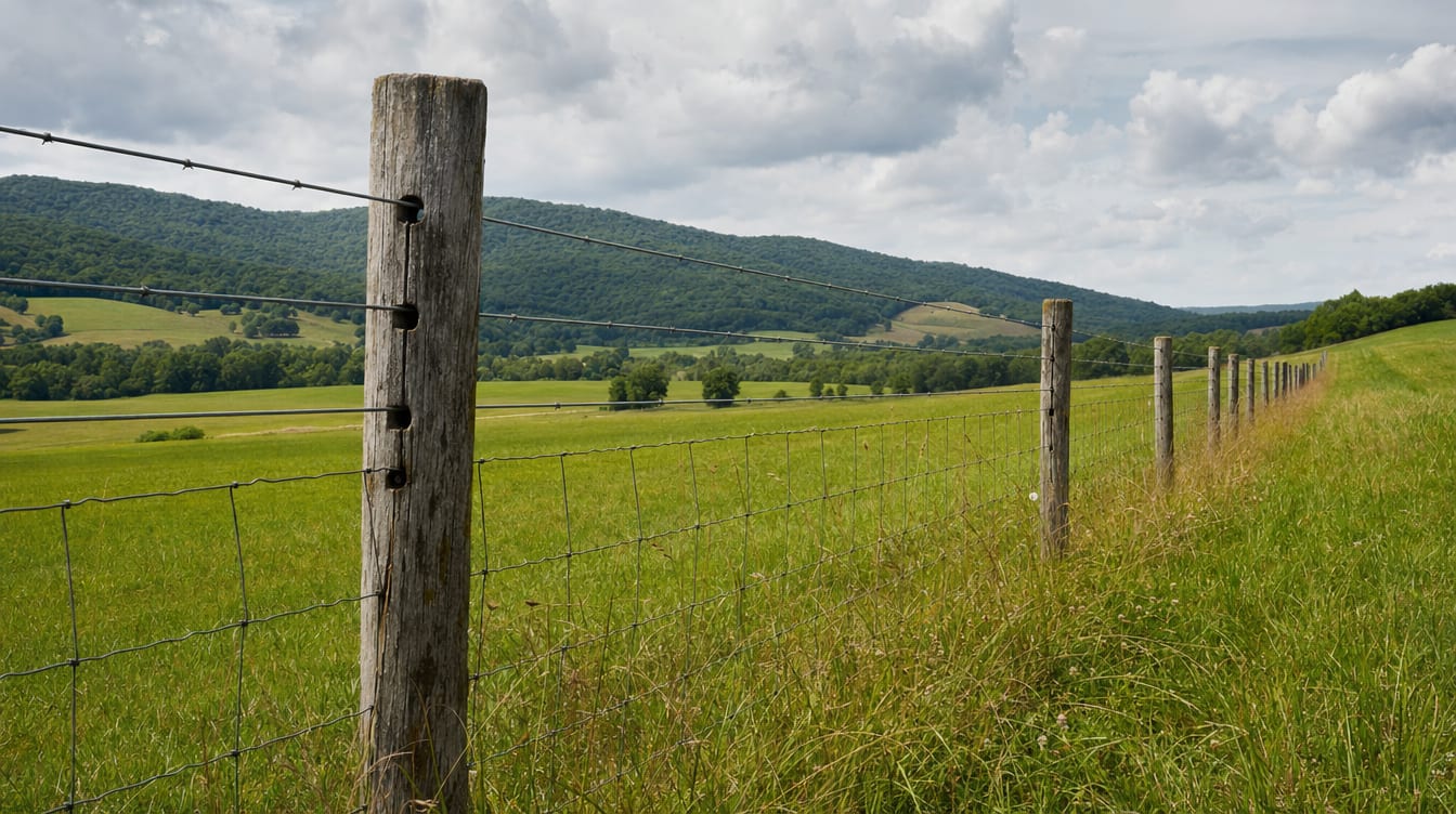 A long wood and wire field fence enclosing a livestock pasture