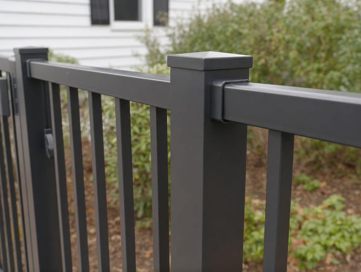 Close detail of a black aluminum fence panel and post cap with a clean powder-coated finish
