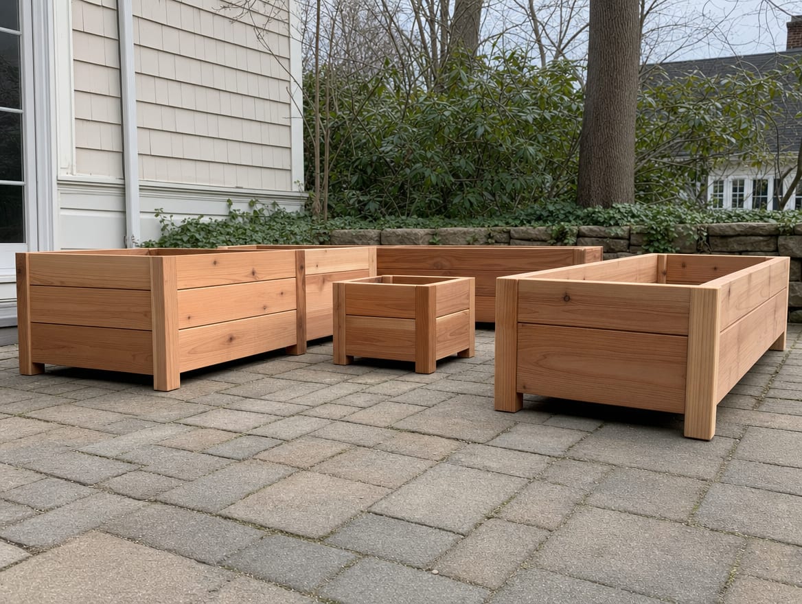 A set of different sized cedar raised garden planter boxes on a patio
