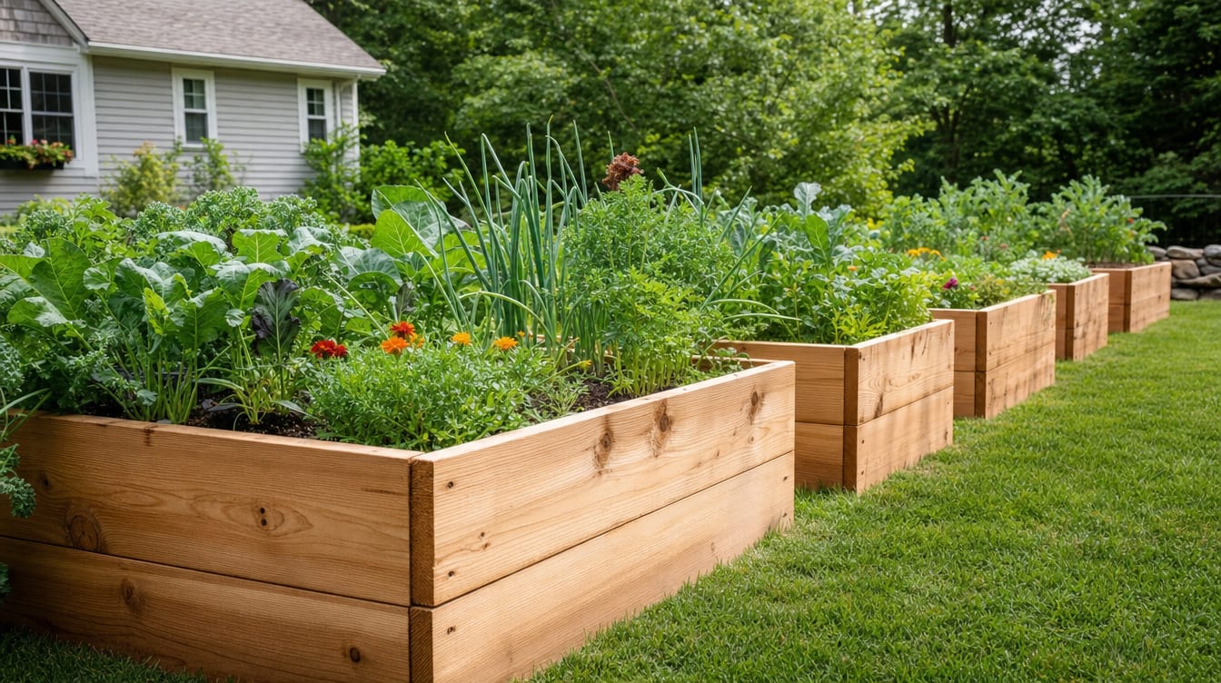 A row of custom cedar raised planter boxes filled with plants in a backyard garden