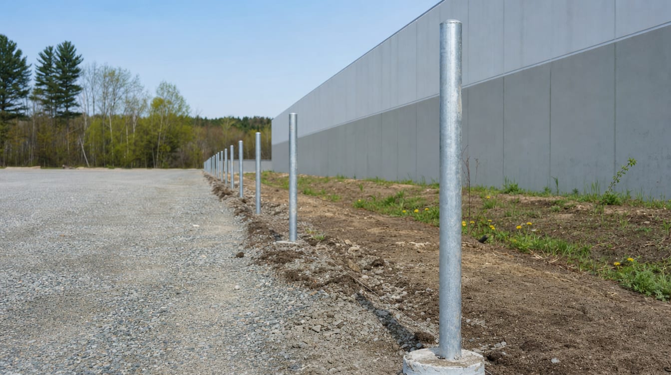 A commercial fence installation in progress with newly set steel posts at a business site
