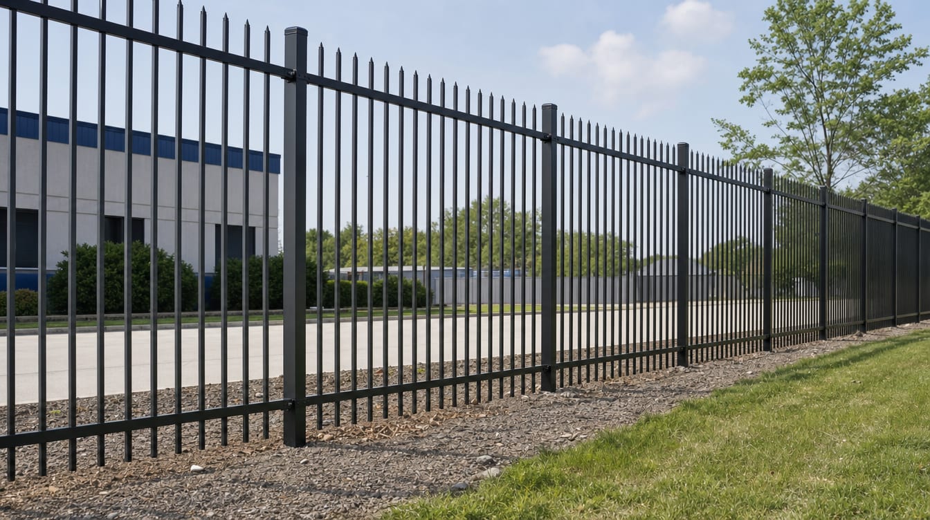 A finished black commercial steel security fence securing a business property