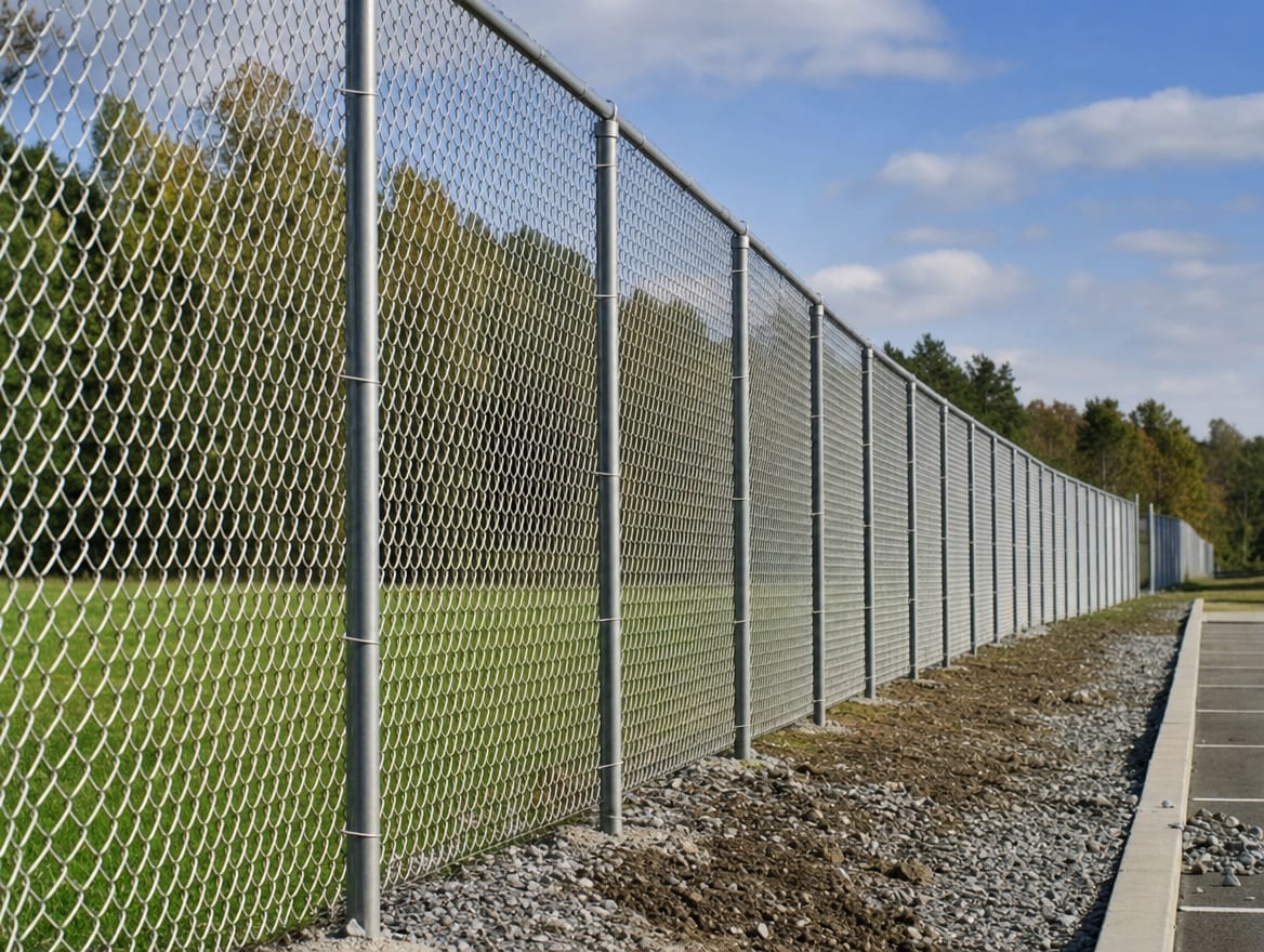 A properly installed commercial chain link fence with straight galvanized posts around a business property