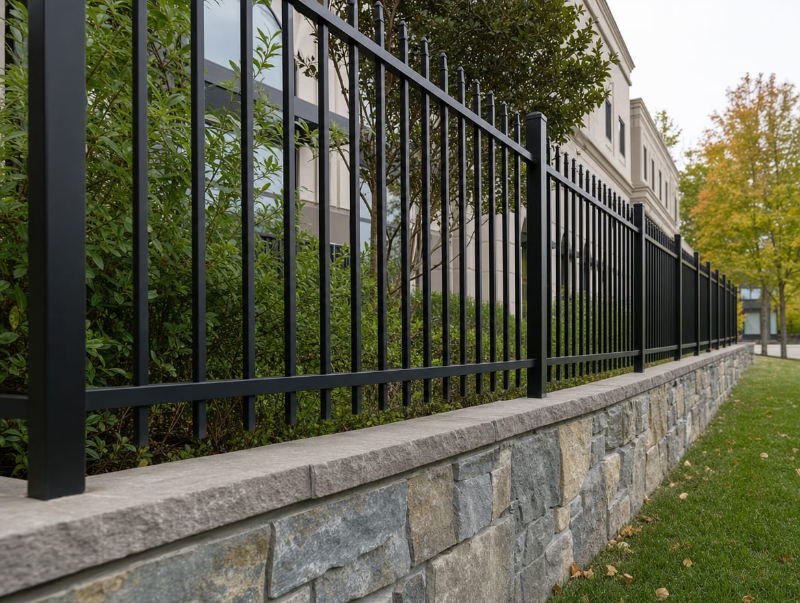 A finished black commercial aluminum fence along a business frontage