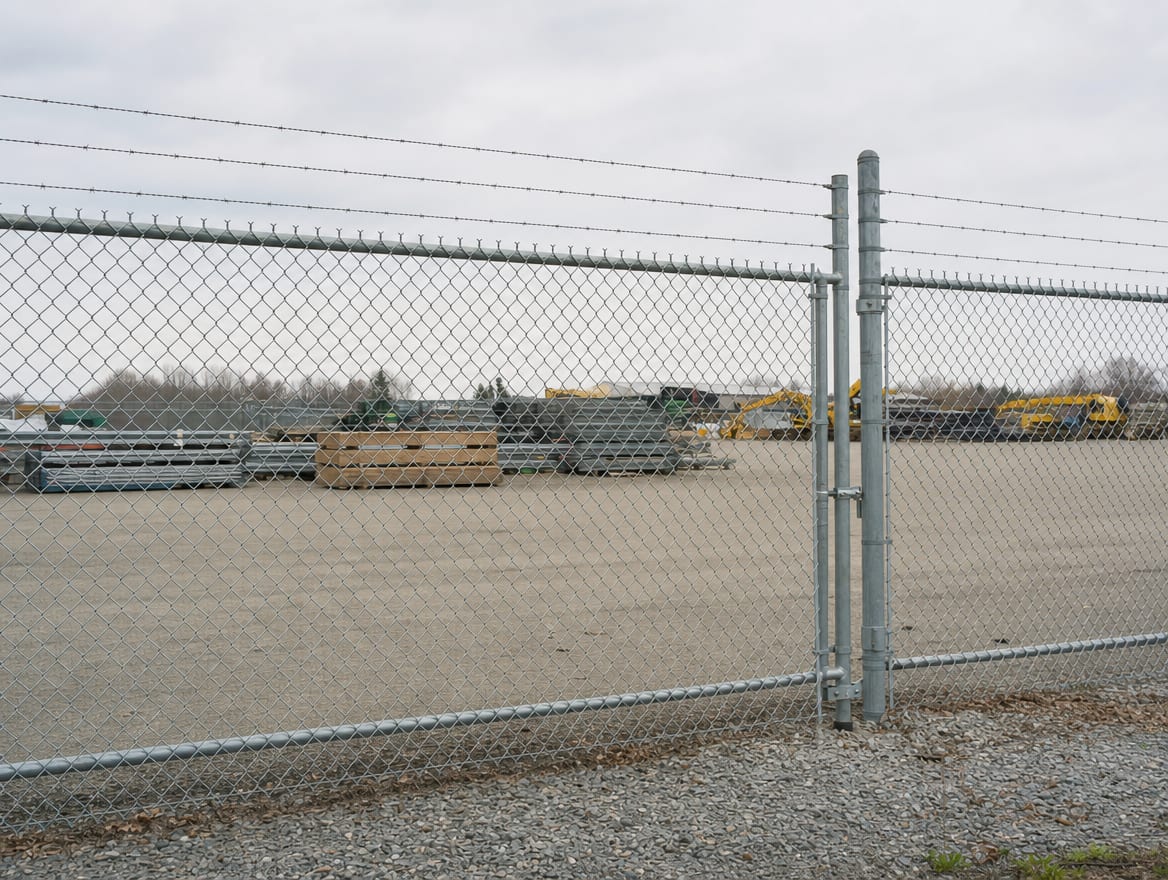 A chain link fence enclosing an outdoor equipment and storage yard