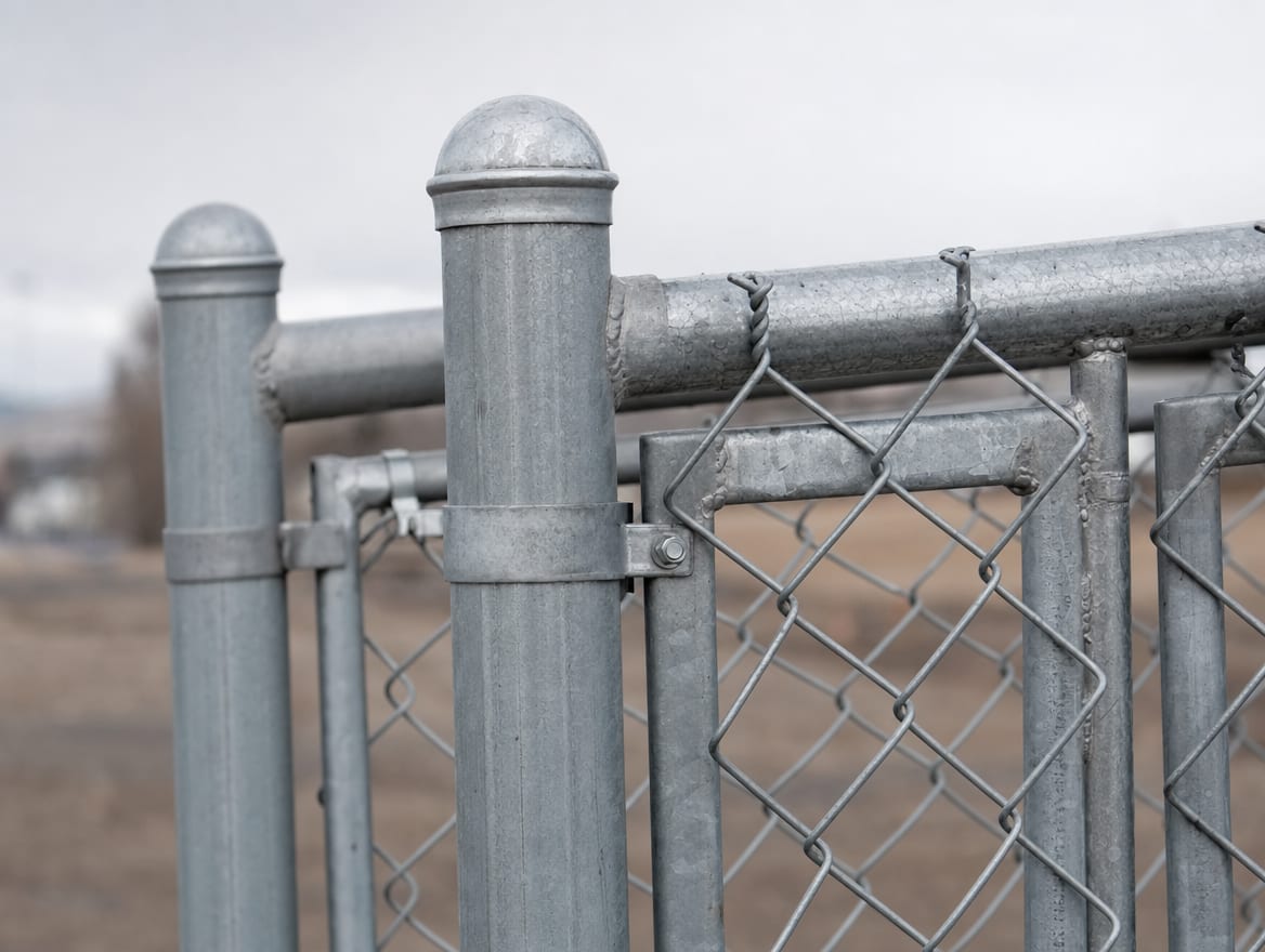 Close view of galvanized steel posts and top rail on a chain link fence