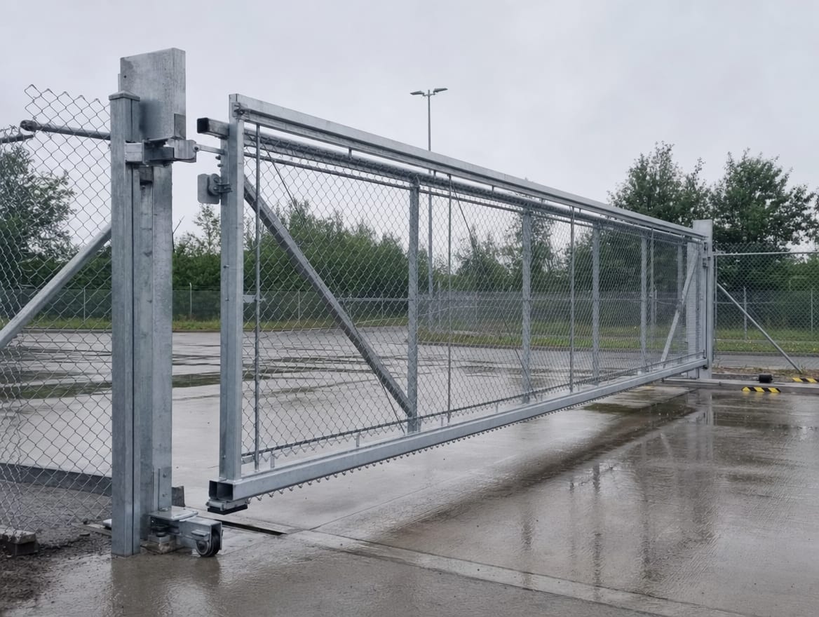 A galvanized cantilever slide gate at an industrial facility entrance