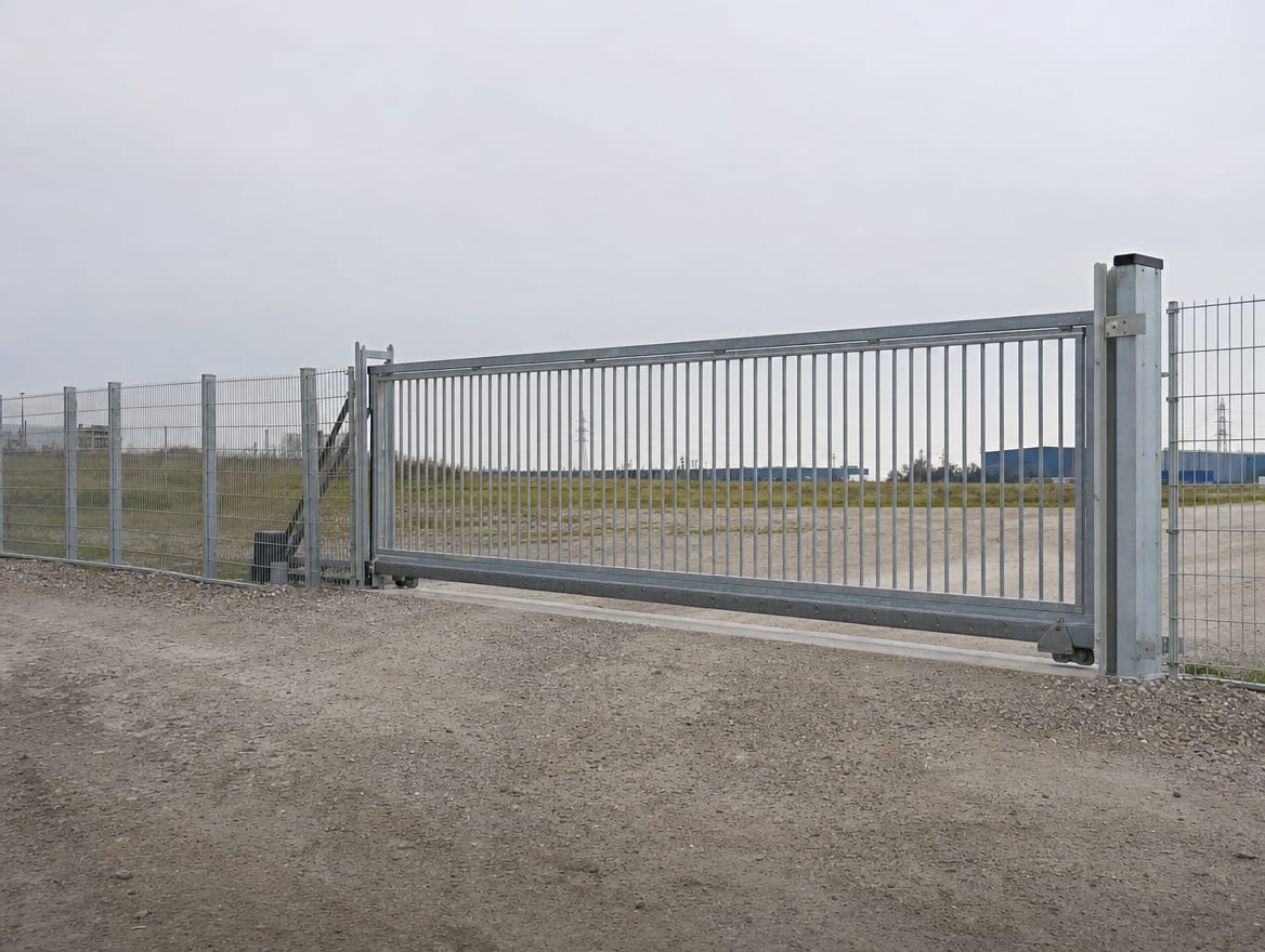 A galvanized steel rolling gate at the entrance to an industrial site