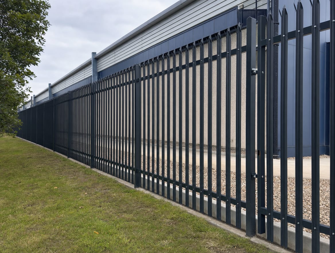 A black steel palisade security fence along a commercial building