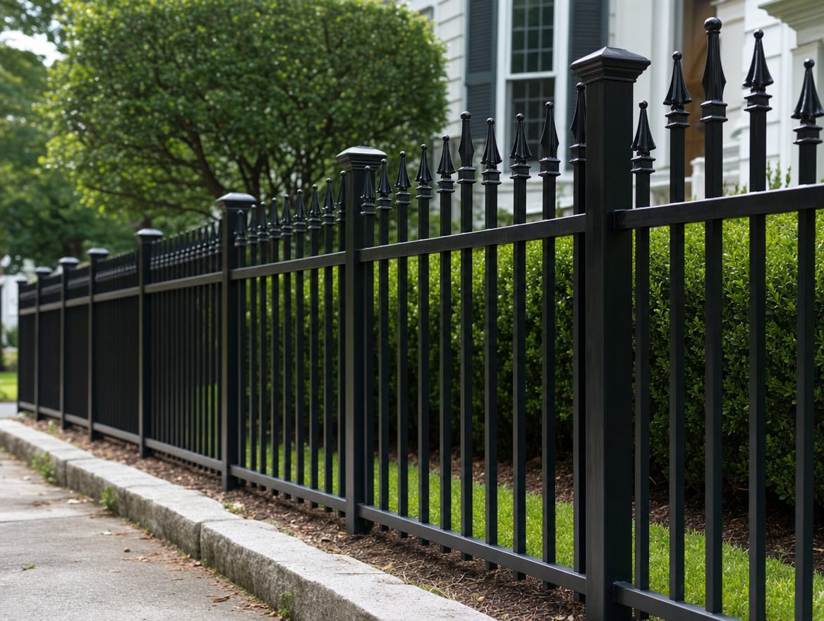 A finished black ornamental aluminum fence with decorative finials along a landscaped yard