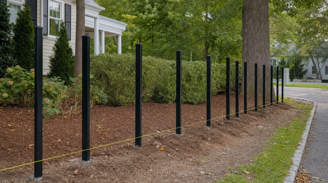 An ornamental aluminum fence installation in progress with posts set level along a line