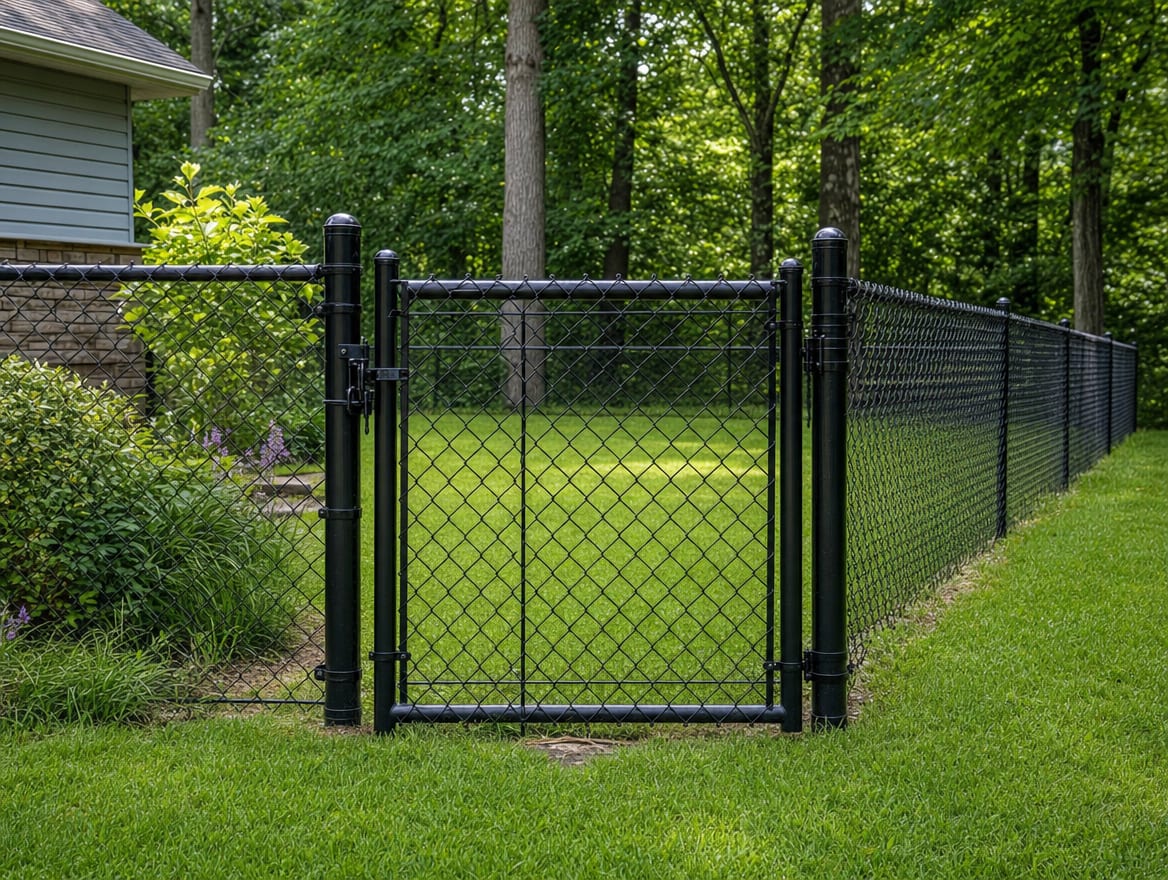 A black chain link fence and gate around a green backyard for pets