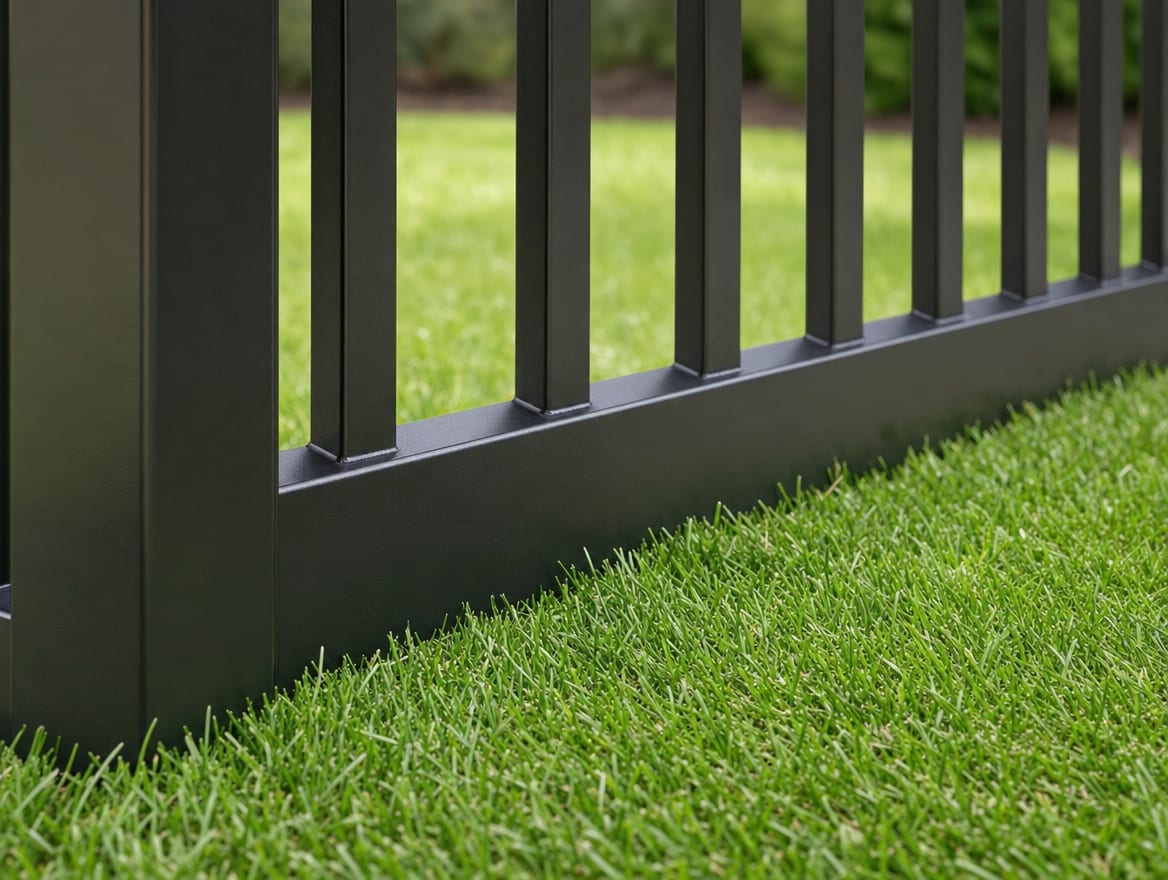 Close view of an aluminum fence set low to the ground to resist digging