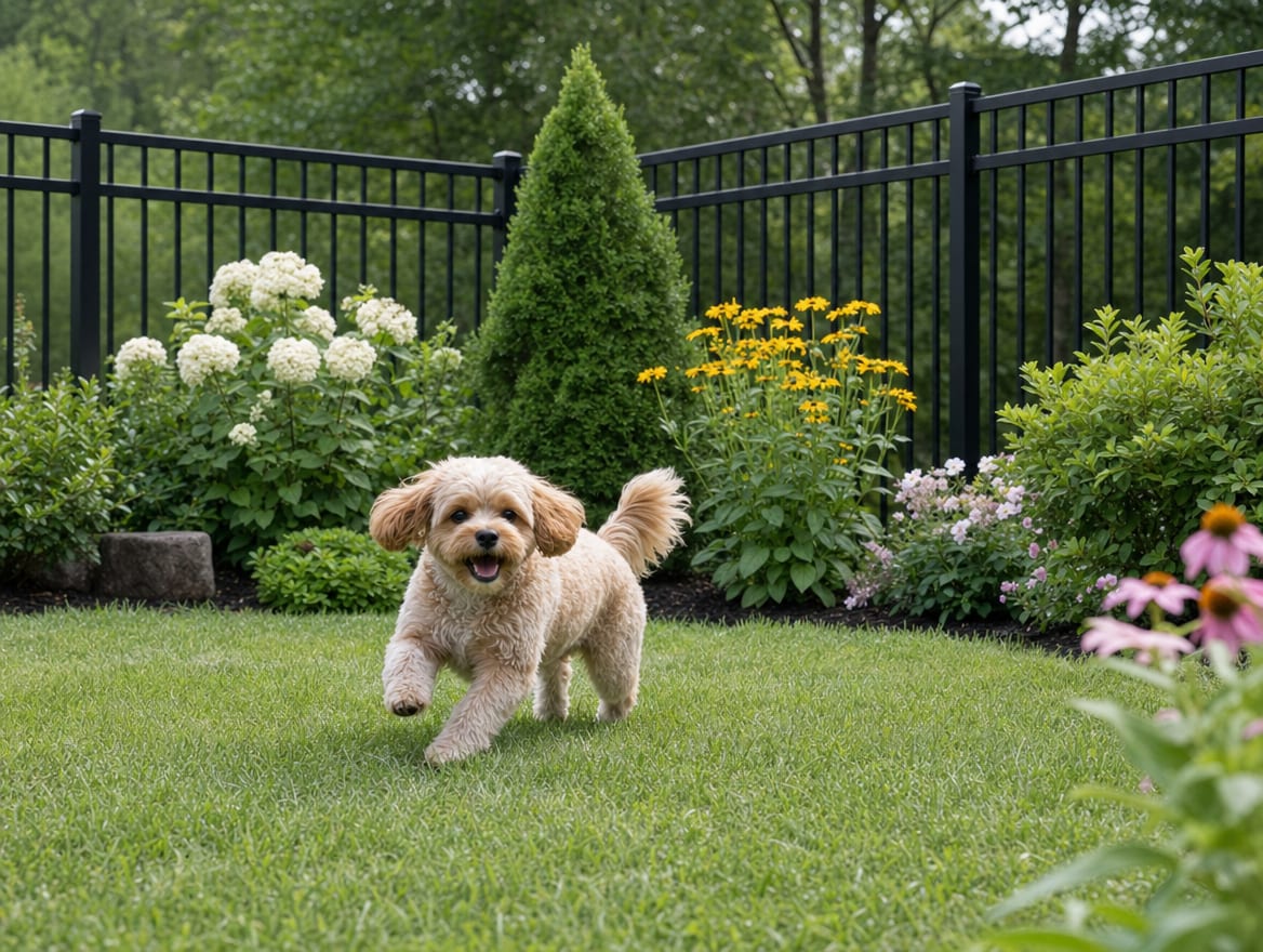 A small dog running through a garden enclosed by a black aluminum fence