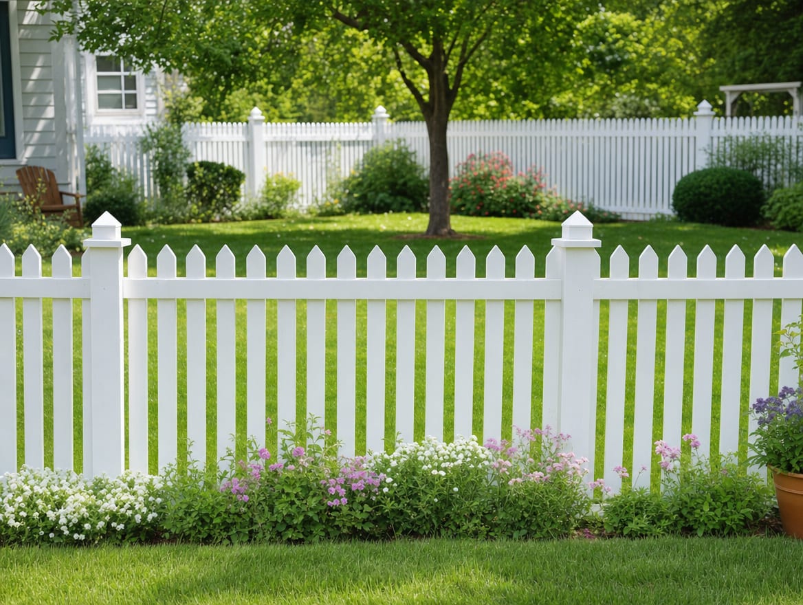 A low white picket fence enclosing a landscaped front yard