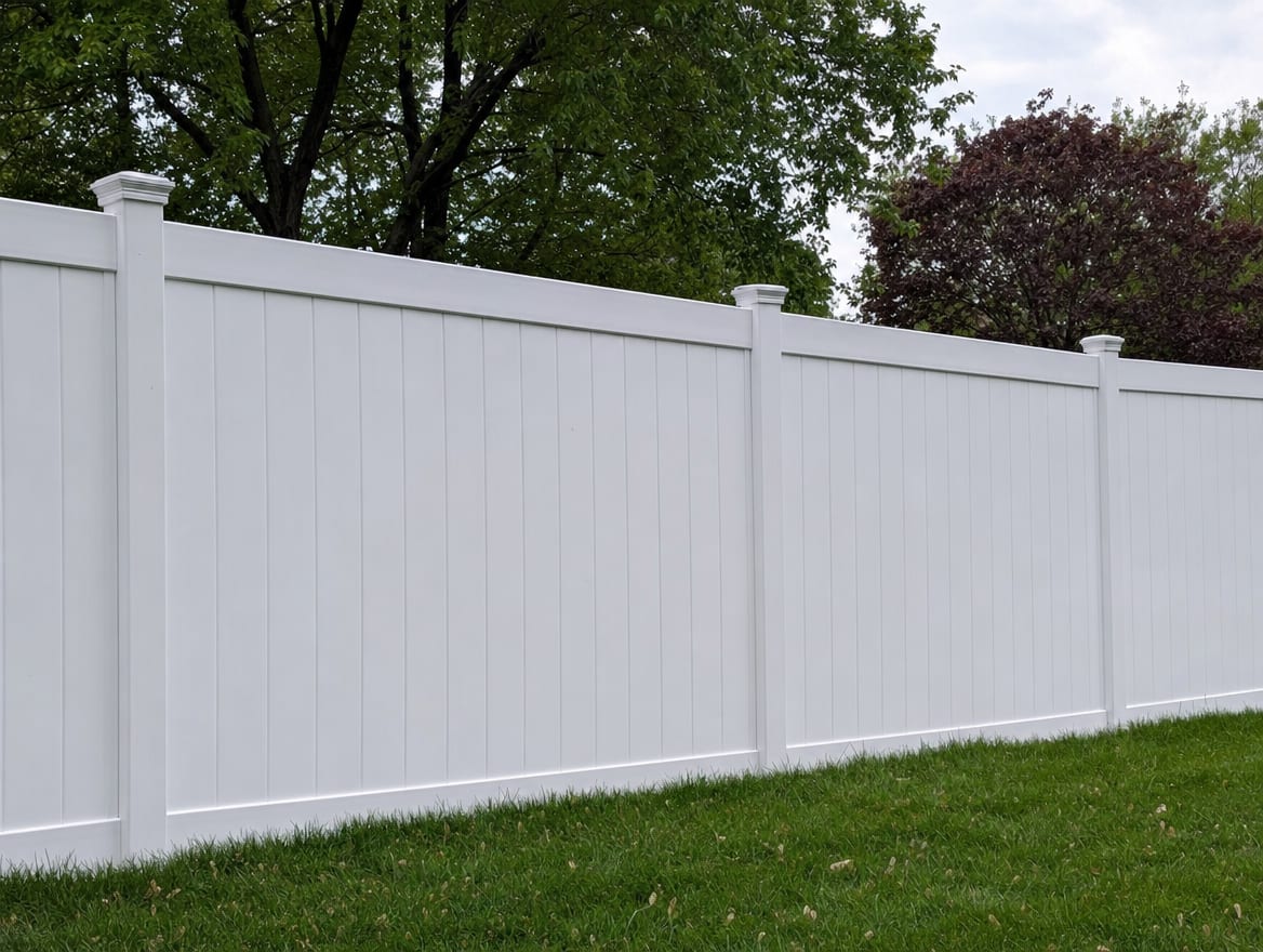 A tall white vinyl privacy fence enclosing a green backyard