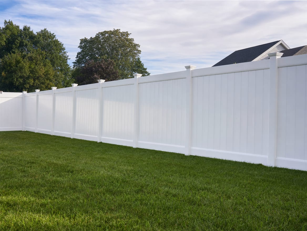 A finished white vinyl privacy fence enclosing a residential backyard