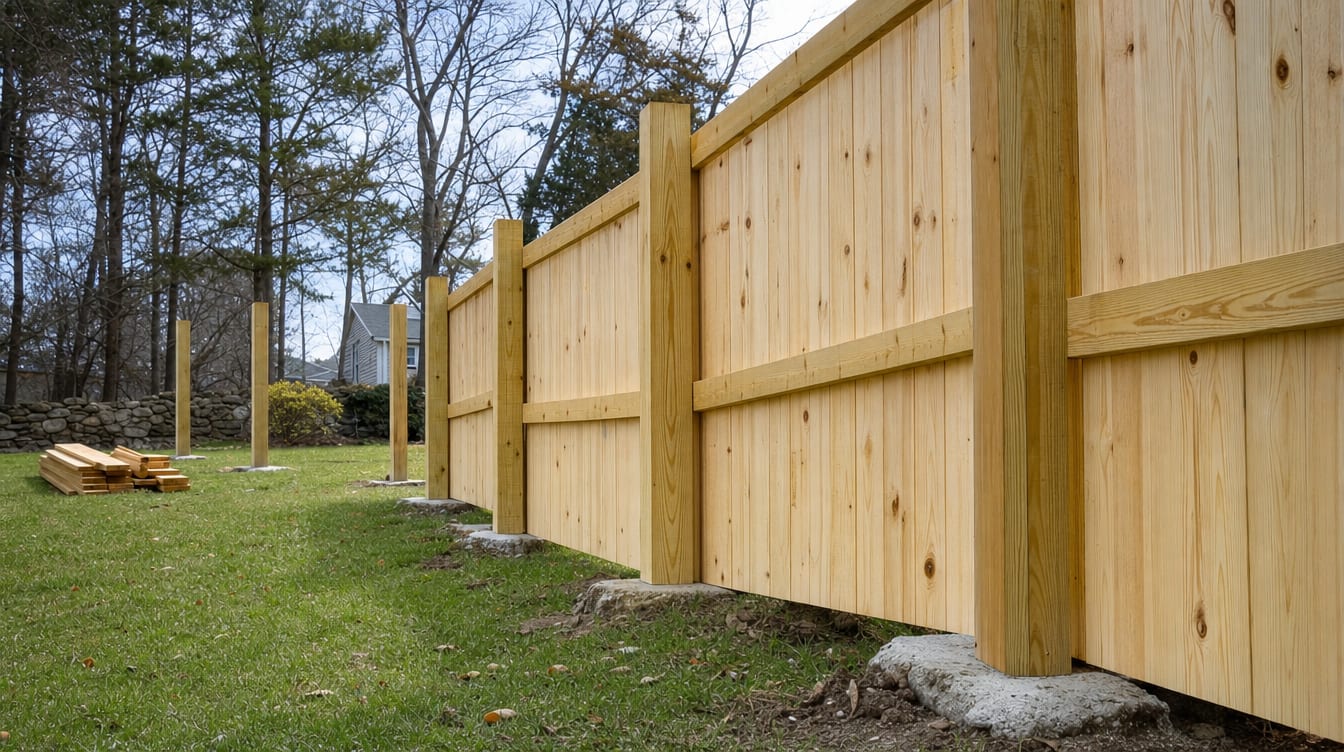 A residential fence installation in progress with posts set and panels going up