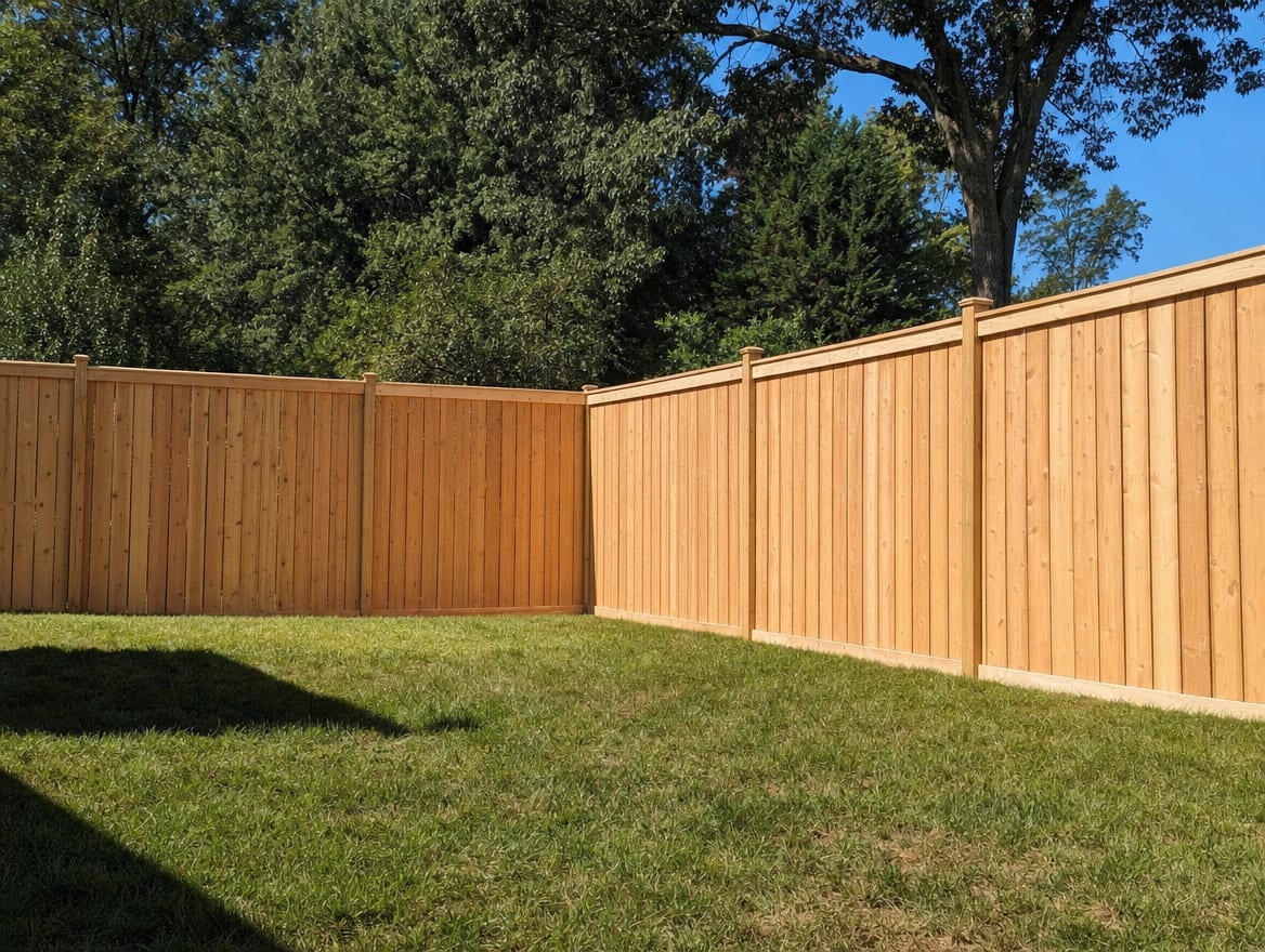 A finished residential wood privacy fence in a Connecticut backyard