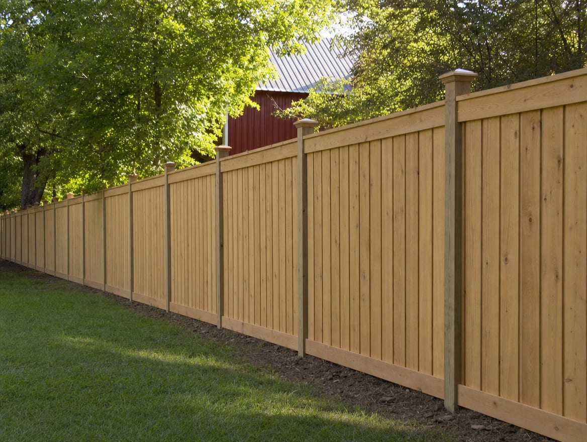 A full six foot tall wood privacy fence running along the back property line of a farmhouse yard in Amenia, NY